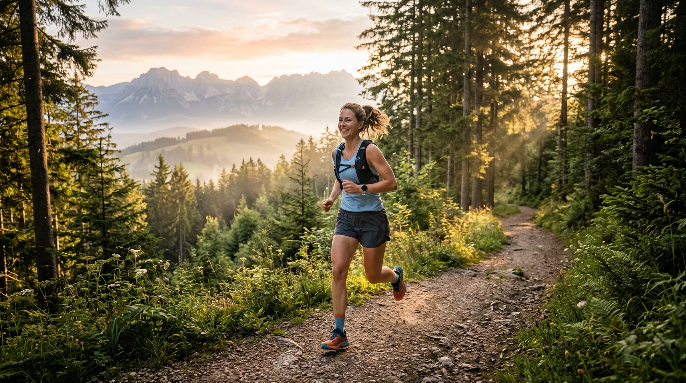 Person joggt auf einem Waldweg bei Sonnenaufgang